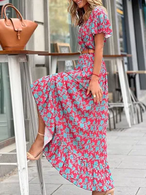 Bohemian Printed V-Neck High Waist Summer Elegant Ruffle Butterfly Sleeve Trumpet / Mermaid Maxi Dress