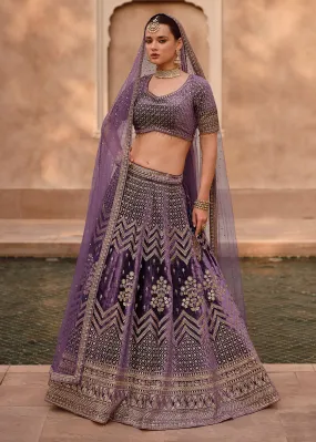 Purple Pure Viscose Lycra Silk Embroidered Bridal Lehenga Choli