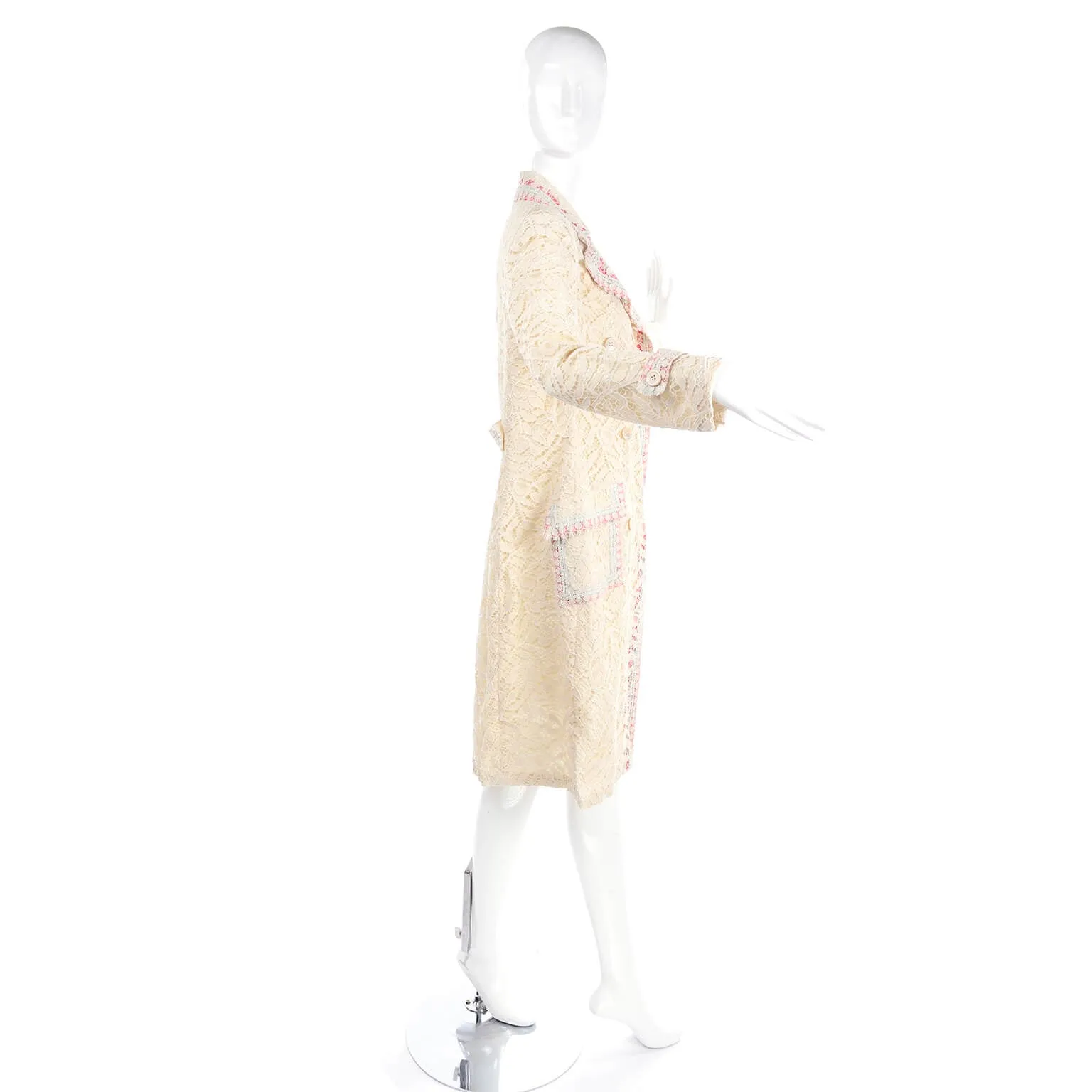 1970s Bill Blass Cream Lace Coat w/ Pink & Blue Ribbon Deadstock