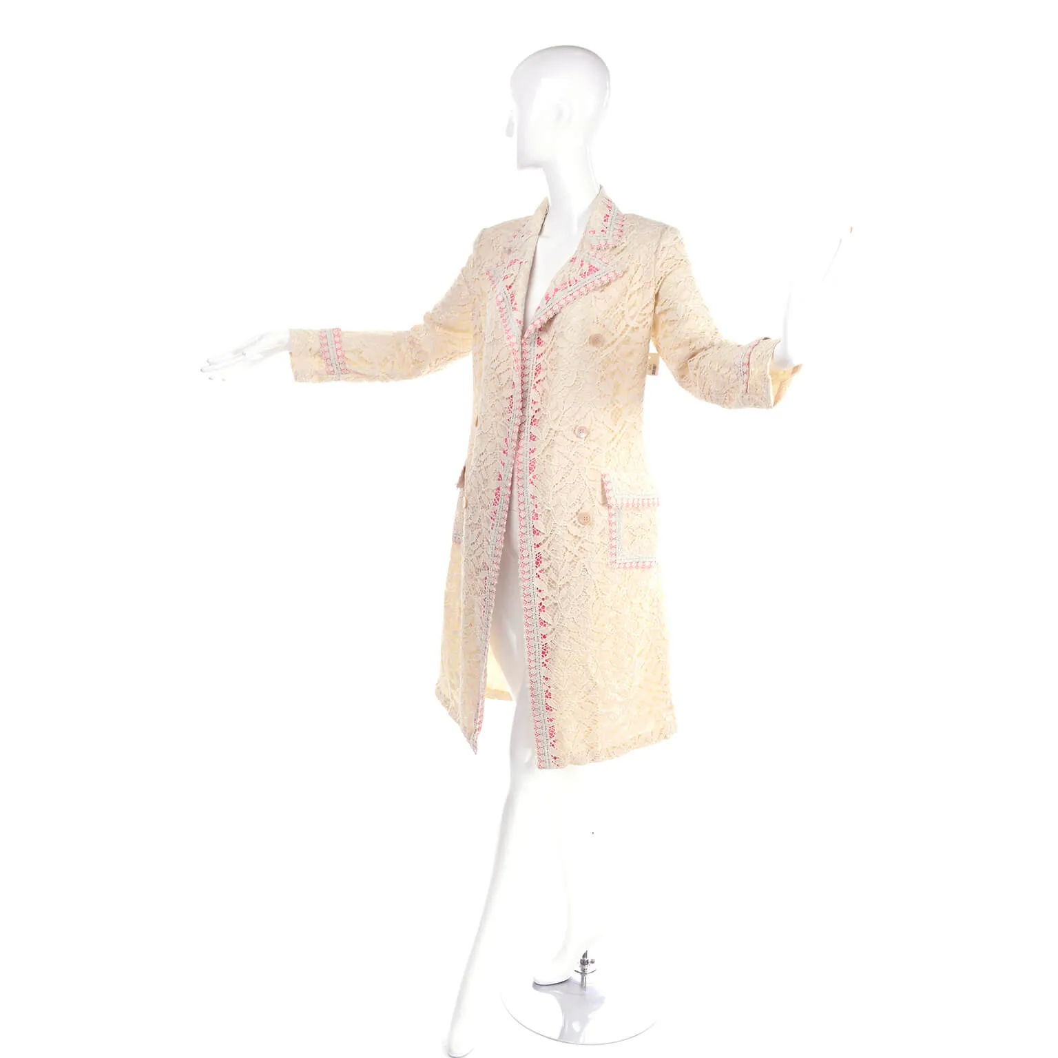 1970s Bill Blass Cream Lace Coat w/ Pink & Blue Ribbon Deadstock