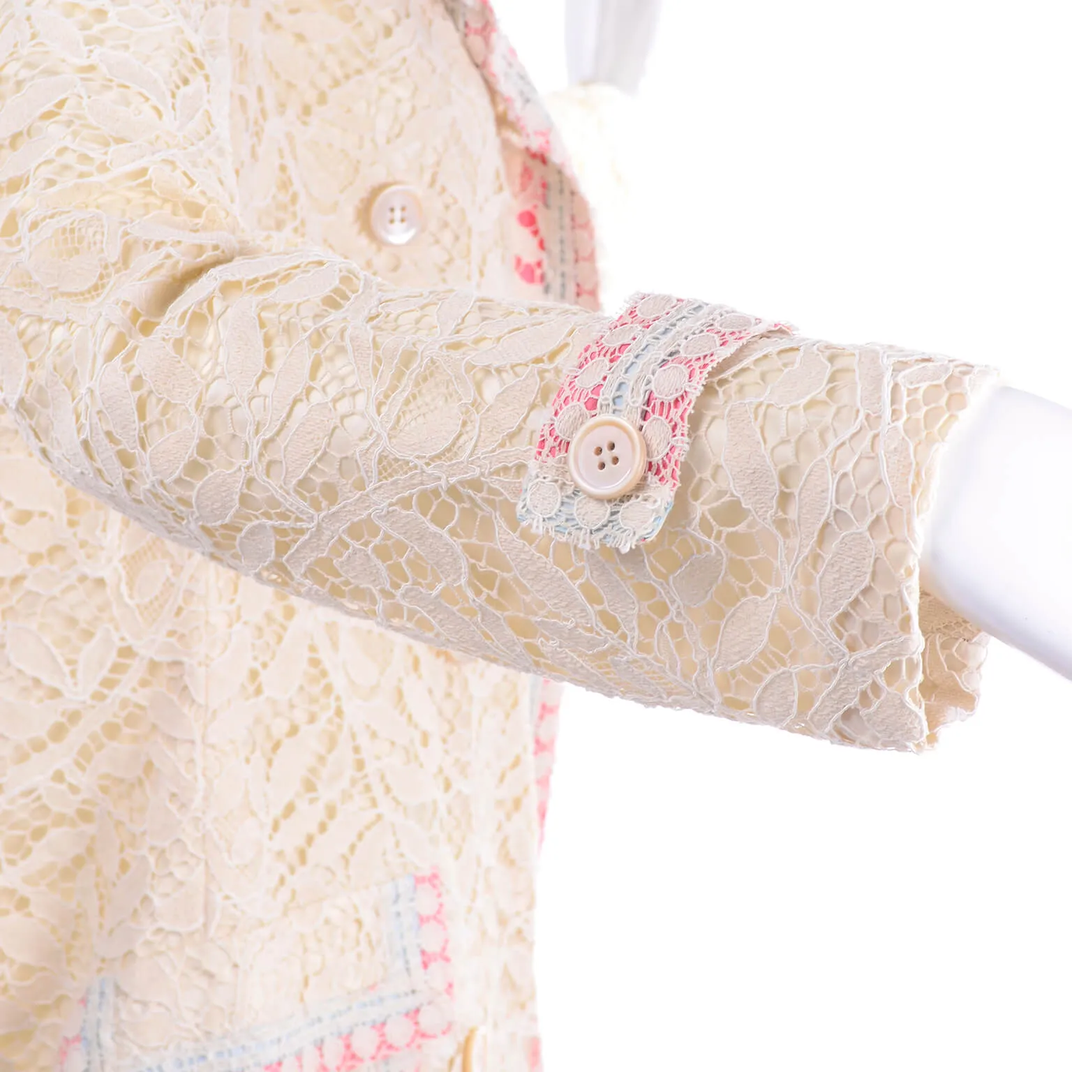 1970s Bill Blass Cream Lace Coat w/ Pink & Blue Ribbon Deadstock