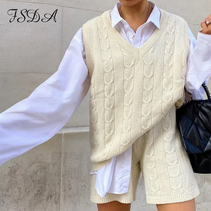 2 Piece Sleeveless Sweater Top Vest And Shorts Mini Matching Set Knitted Autumn Winter Two Piece Set Casual Oversize Jumper Suit Party Outfits