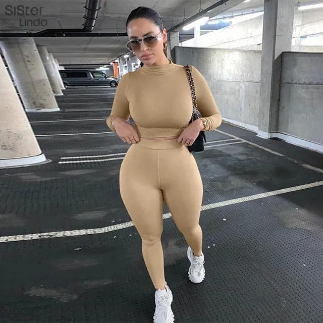 2 Piece Sporty Active Wear Matching Sets Fall Long Sleeve Tops Tees And Leggings Workout Outfits Sportwear