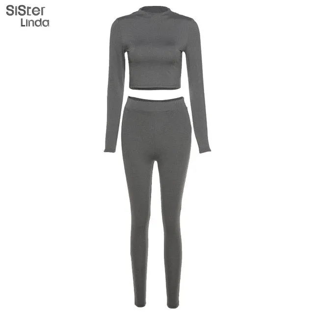 2 Piece Sporty Active Wear Matching Sets Fall Long Sleeve Tops Tees And Leggings Workout Outfits Sportwear