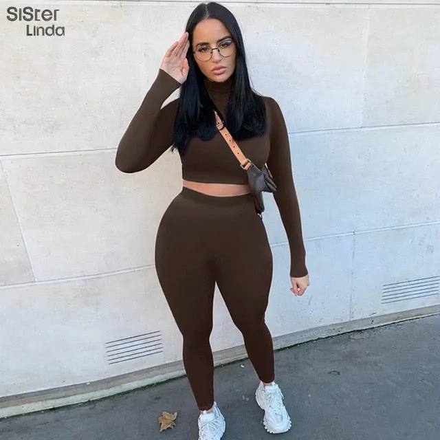 2 Piece Sporty Active Wear Matching Sets Fall Long Sleeve Tops Tees And Leggings Workout Outfits Sportwear