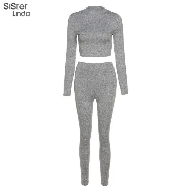 2 Piece Sporty Active Wear Matching Sets Fall Long Sleeve Tops Tees And Leggings Workout Outfits Sportwear