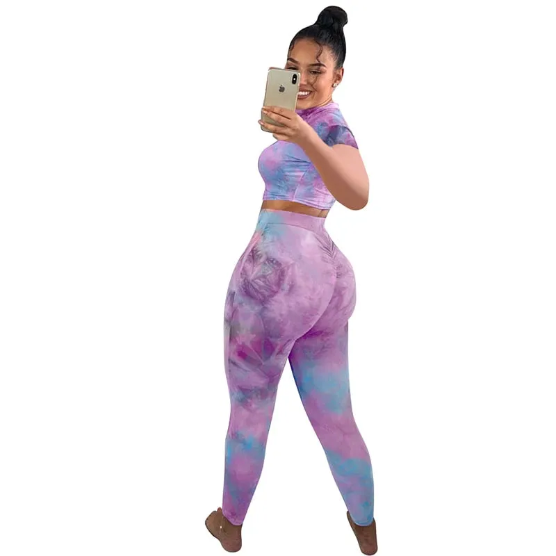 2 Piece tie dye sexy crop tops leggings bodycon summer fashion streetwear tracksuit sportswear Set