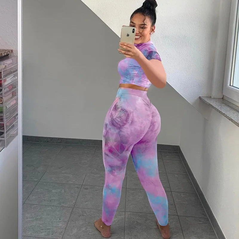 2 Piece tie dye sexy crop tops leggings bodycon summer fashion streetwear tracksuit sportswear Set