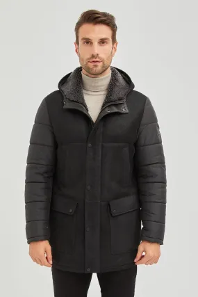 Alpine Men's Hooded Shearling Sheepskin Coat - Black