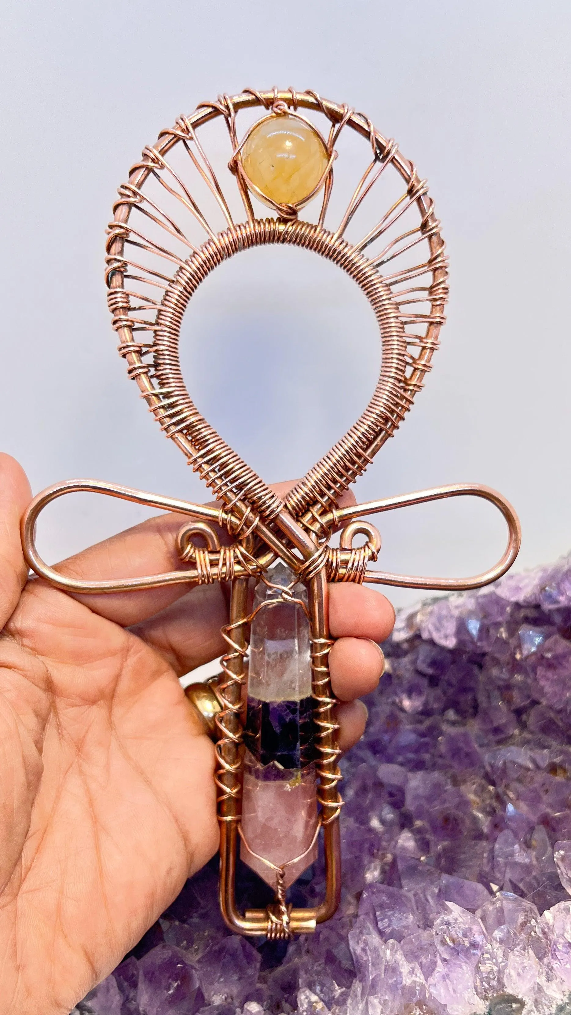 Amethyst, Rose Quartz and Clear Quartz with Golden Healer Handheld Ankh