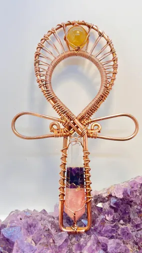 Amethyst, Rose Quartz and Clear Quartz with Golden Healer Handheld Ankh