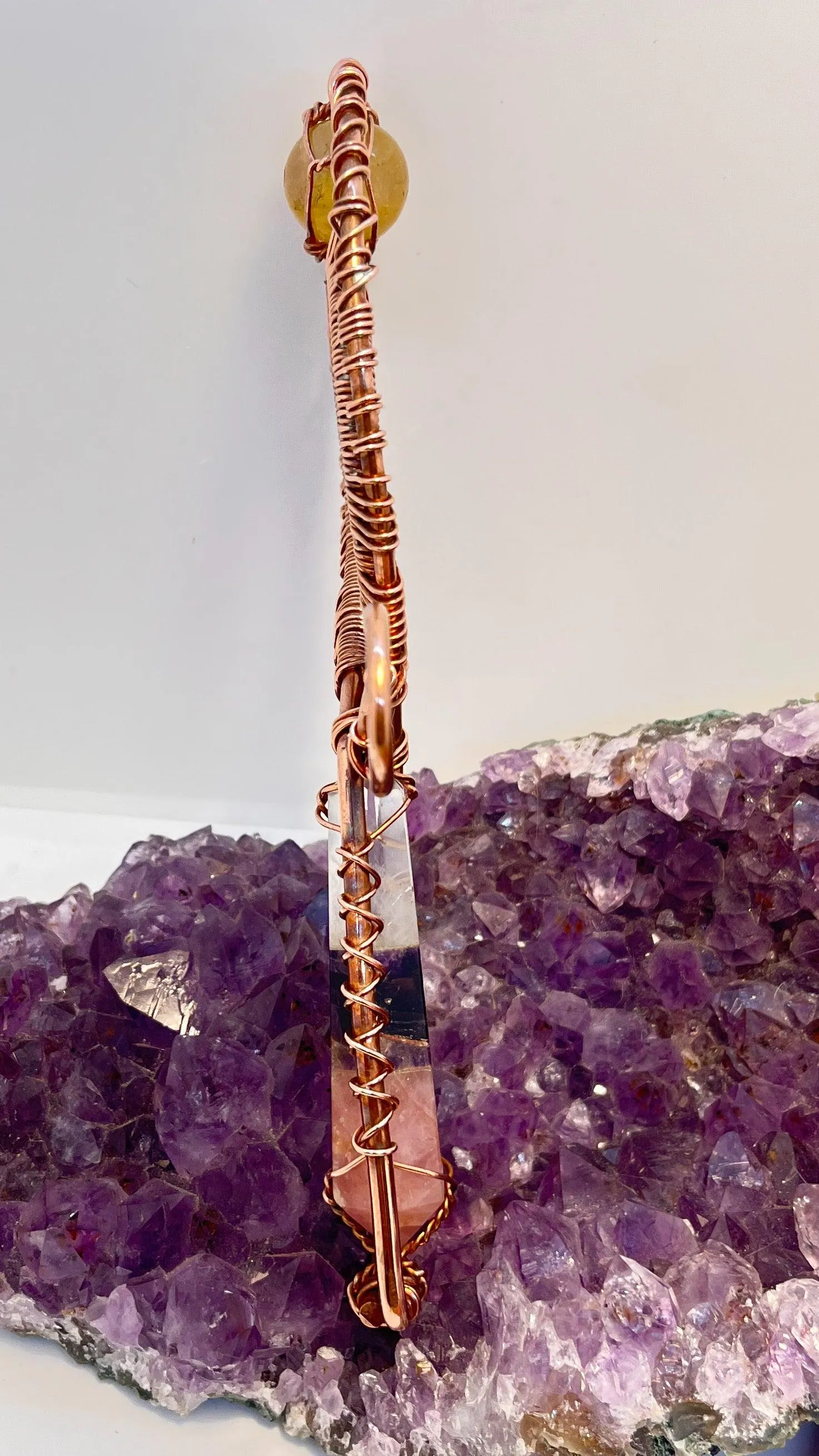 Amethyst, Rose Quartz and Clear Quartz with Golden Healer Handheld Ankh