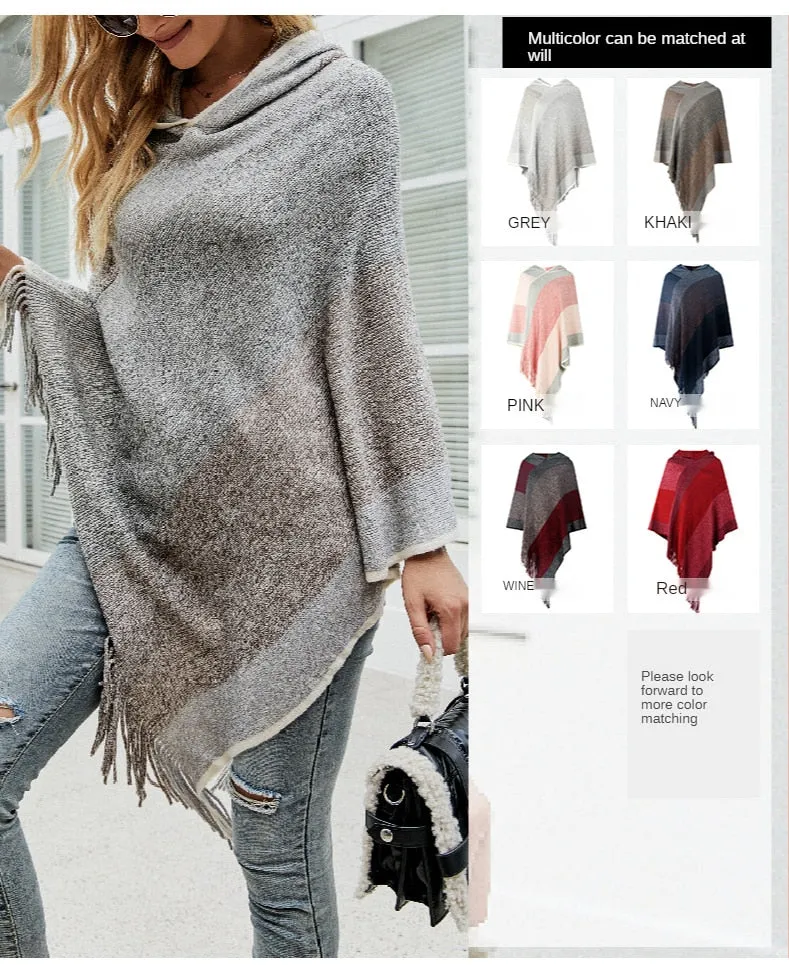 Autumn Winter Sweaters Poncho Knitting Capes Cloak Sweater V-Neck Irregular Hem Tassels Coat Knitted Pullover