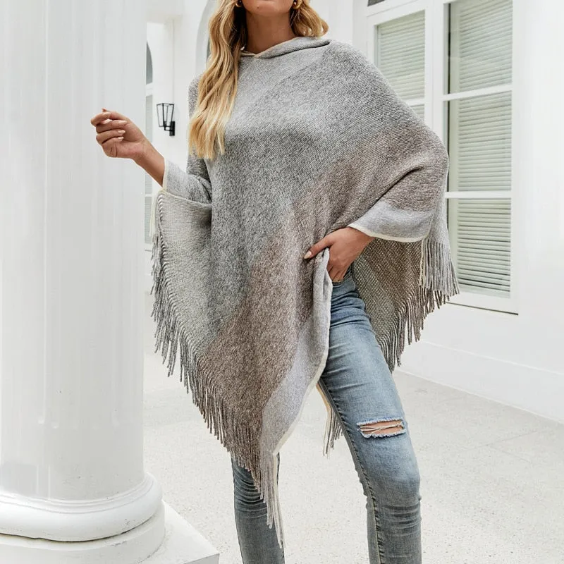 Autumn Winter Sweaters Poncho Knitting Capes Cloak Sweater V-Neck Irregular Hem Tassels Coat Knitted Pullover