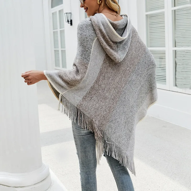 Autumn Winter Sweaters Poncho Knitting Capes Cloak Sweater V-Neck Irregular Hem Tassels Coat Knitted Pullover