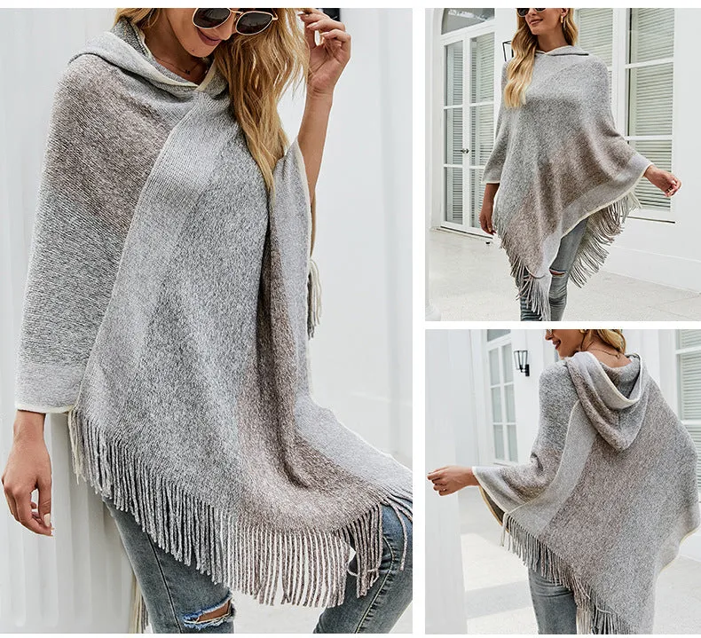 Autumn Winter Sweaters Poncho Knitting Capes Cloak Sweater V-Neck Irregular Hem Tassels Coat Knitted Pullover