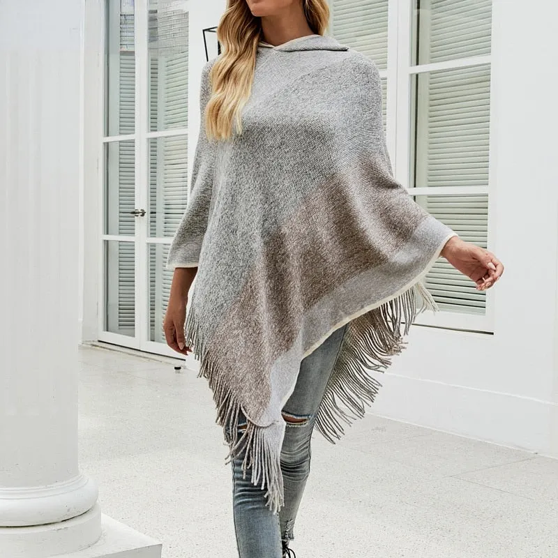 Autumn Winter Sweaters Poncho Knitting Capes Cloak Sweater V-Neck Irregular Hem Tassels Coat Knitted Pullover