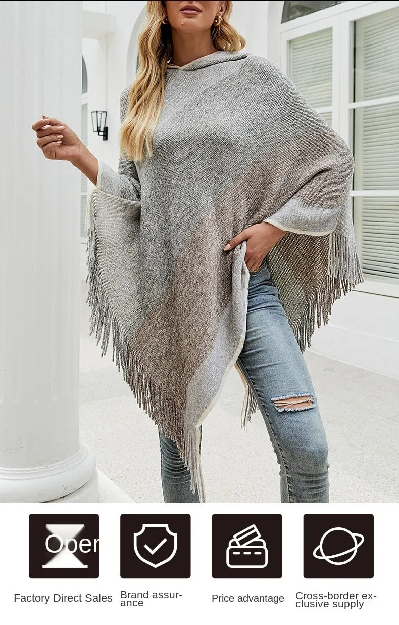 Autumn Winter Sweaters Poncho Knitting Capes Cloak Sweater V-Neck Irregular Hem Tassels Coat Knitted Pullover