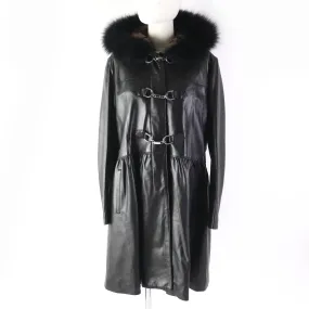 Balmain Lamb Leather Fur Hooded A-Line Coat