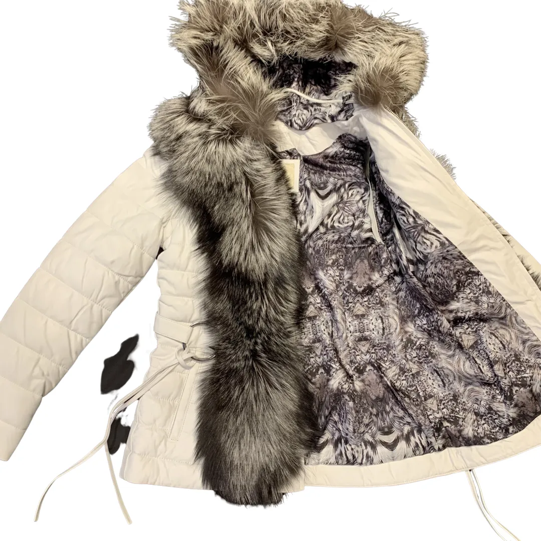 Barya NewYork Womens White Lambskin Fox Fur Coat