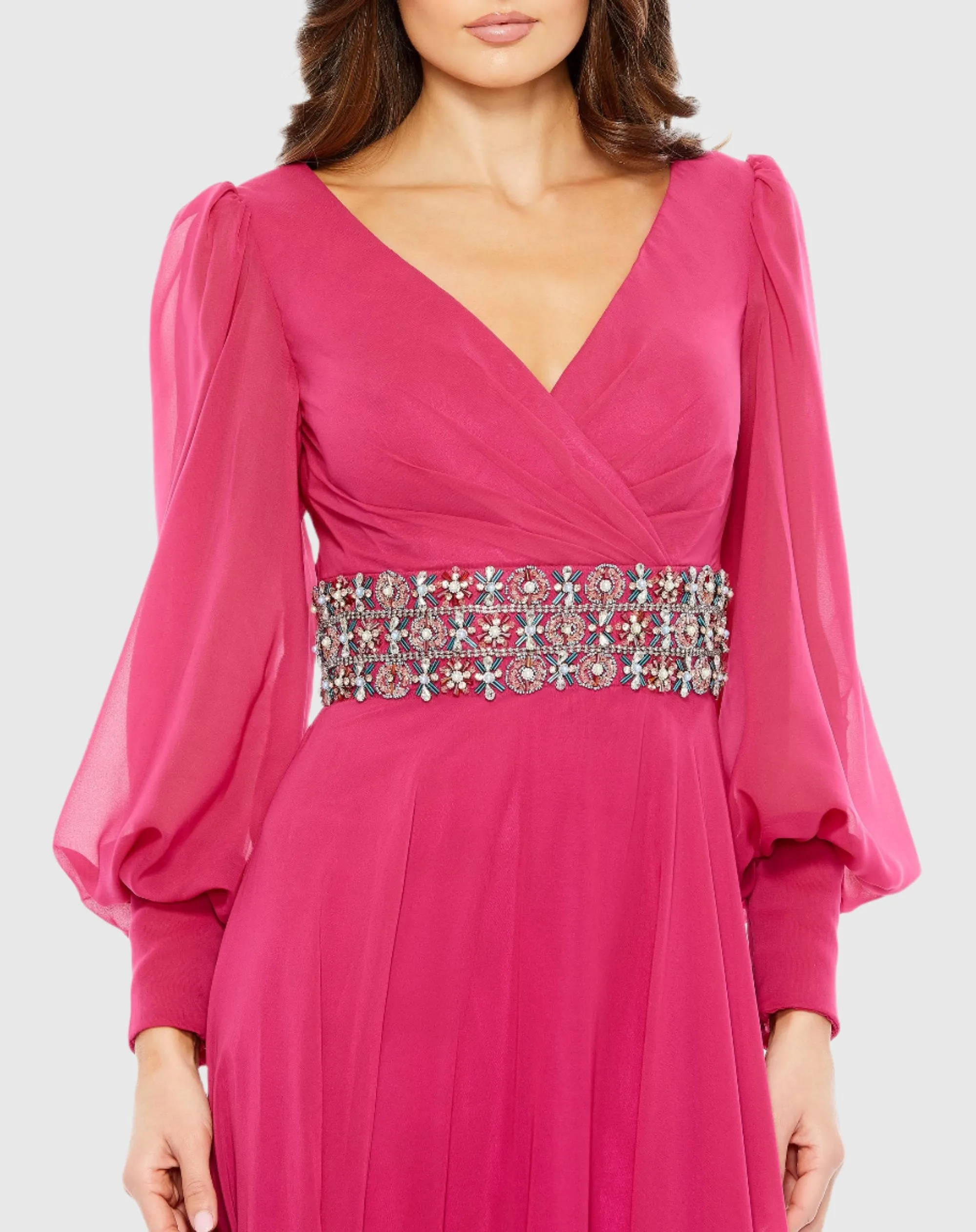 Bishop Sleeve Wrap Over Belt Detail Flowy Gown