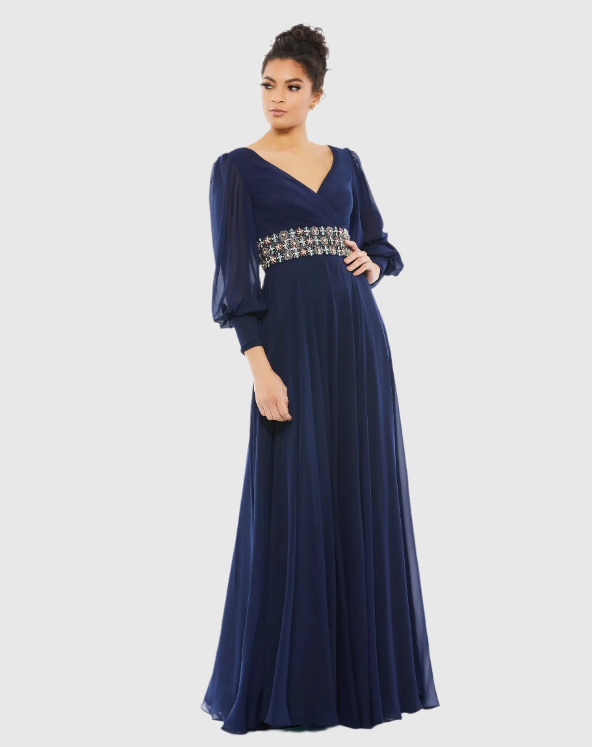 Bishop Sleeve Wrap Over Belt Detail Flowy Gown