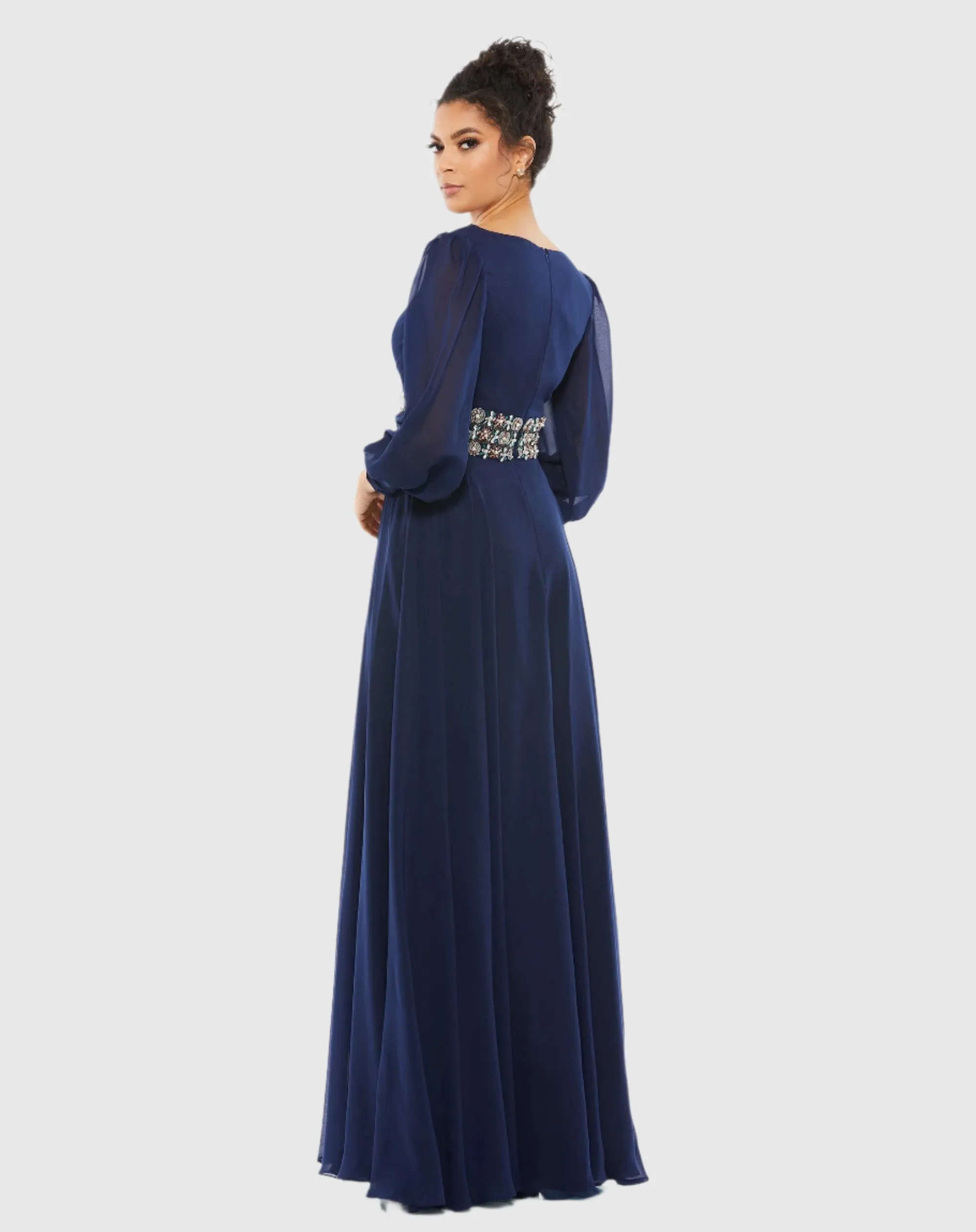 Bishop Sleeve Wrap Over Belt Detail Flowy Gown