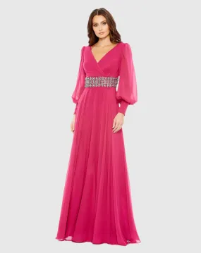 Bishop Sleeve Wrap Over Belt Detail Flowy Gown