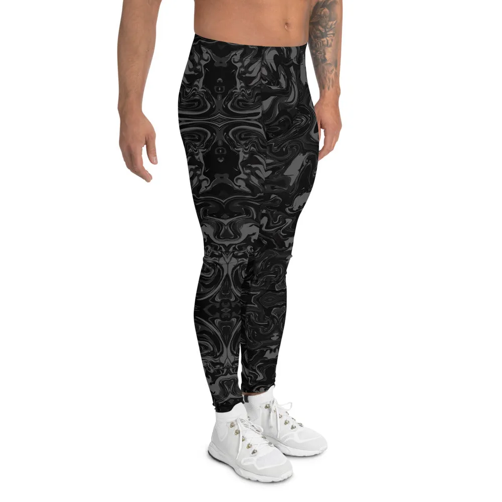 Black Abstract Men's Leggings, Marbled Print Compression Tights Meggings-Made in USA/EU