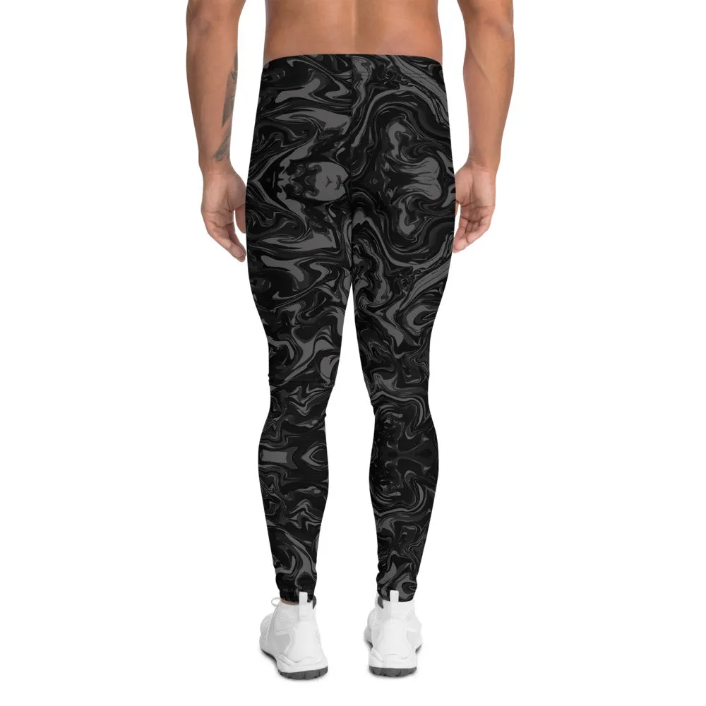 Black Abstract Men's Leggings, Marbled Print Compression Tights Meggings-Made in USA/EU