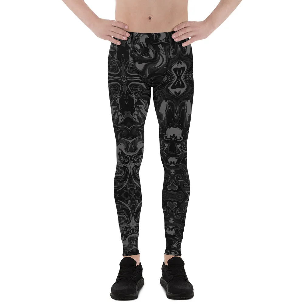 Black Abstract Men's Leggings, Marbled Print Compression Tights Meggings-Made in USA/EU