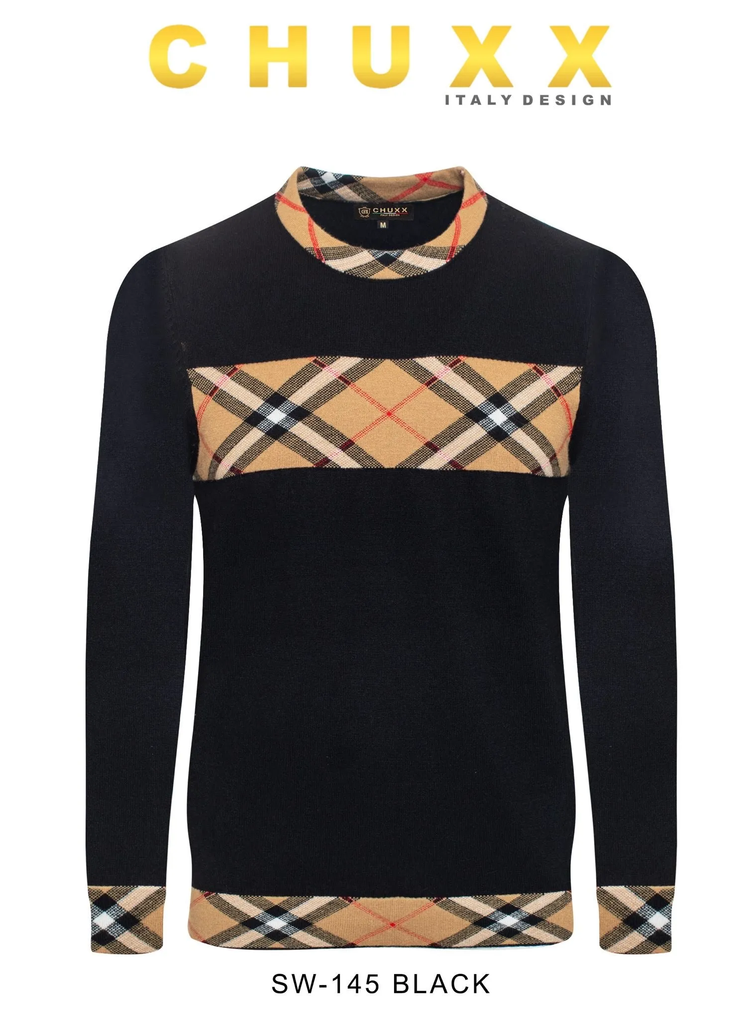 Black Crewneck Sweater Plaid Design Men's Pullover Regular-Fit Style No: SW-145