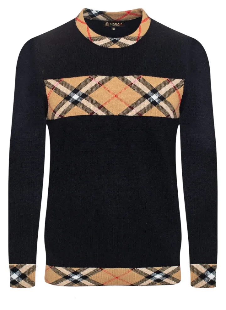 Black Crewneck Sweater Plaid Design Men's Pullover Regular-Fit Style No: SW-145