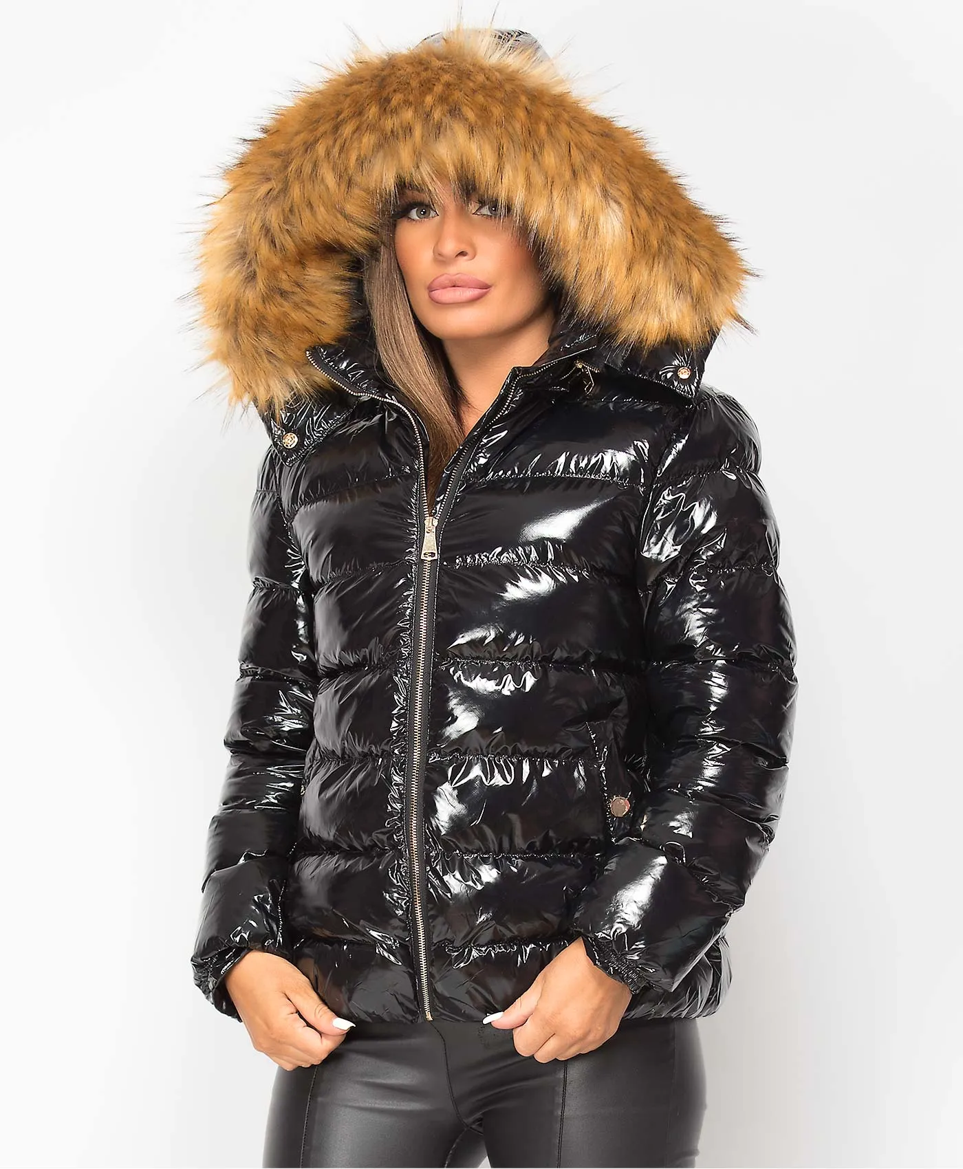 Black Faux Fur Hood Elastic Back Shiny Wet Look Puffer Jacket