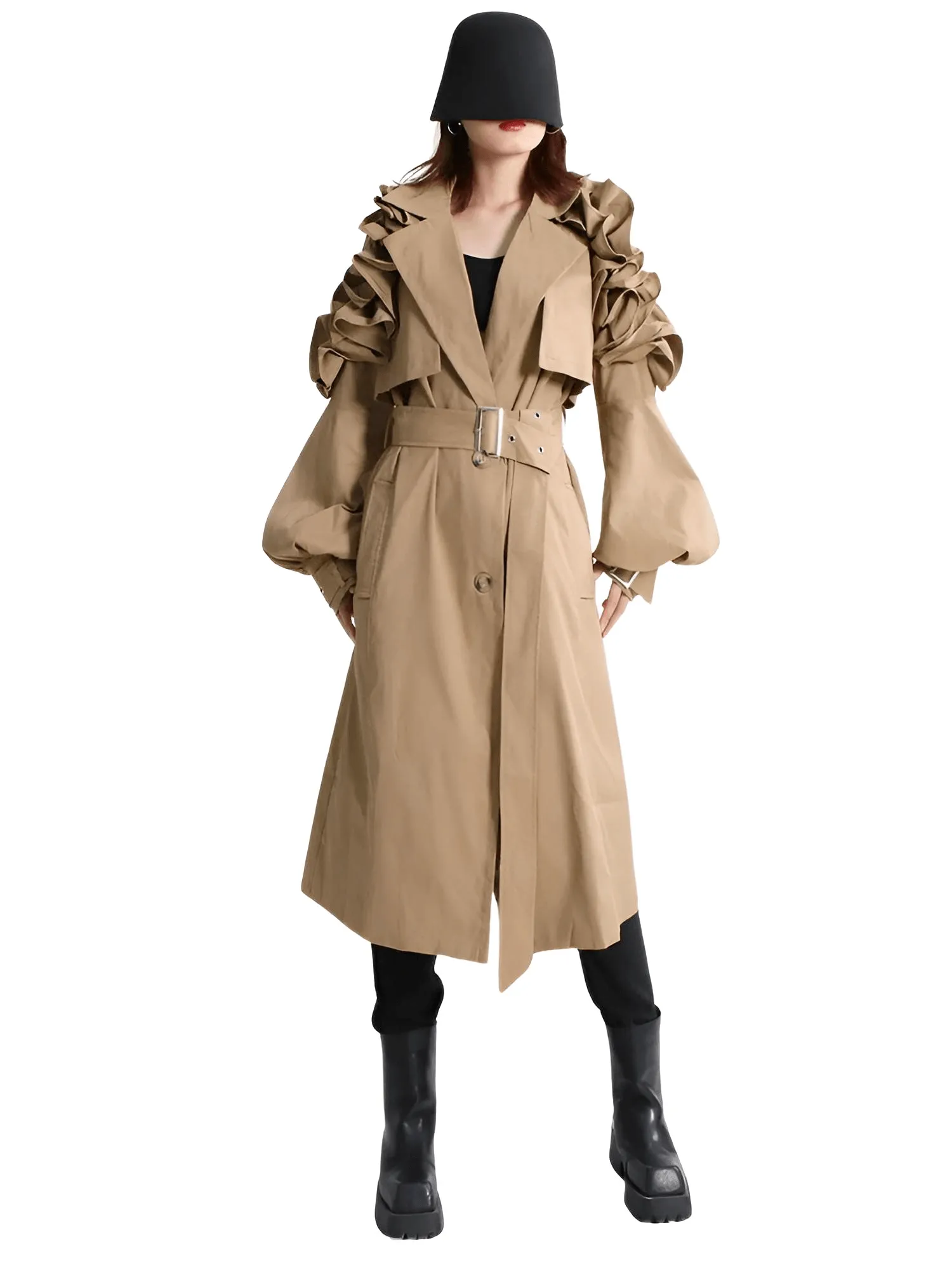 Black Khaki Long Trench Coat Women's Belt Elegant Chic Stylish Luxury Clothes Runway Fashion