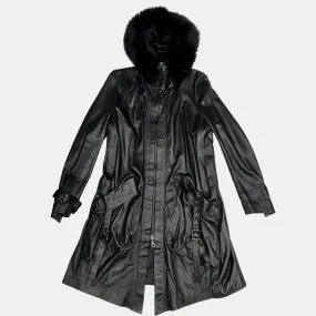 Black Leather Coat w/Fur Hoodie - S