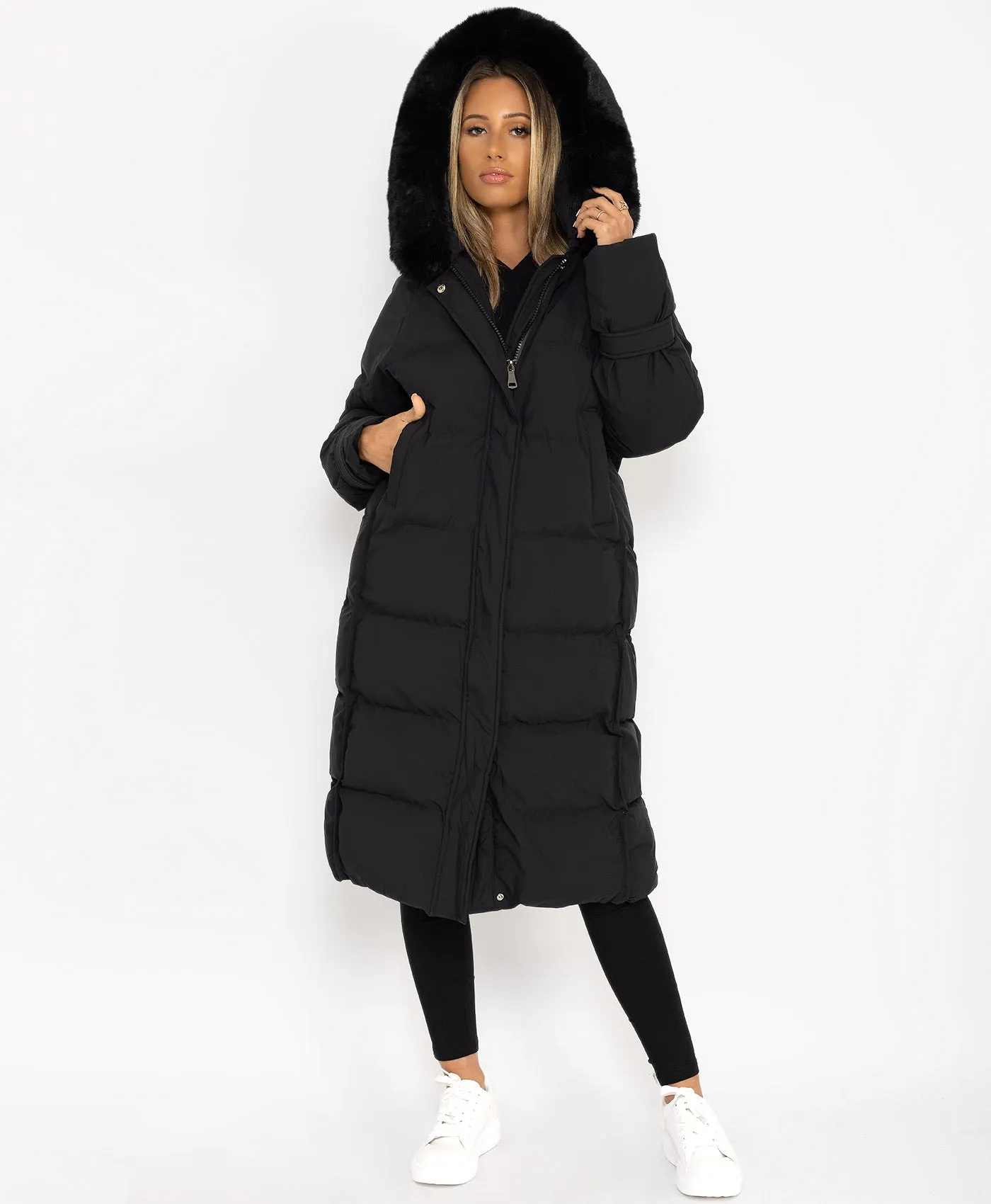 Black Longline Faux Fur Hooded Oversize Padded Coat Jacket