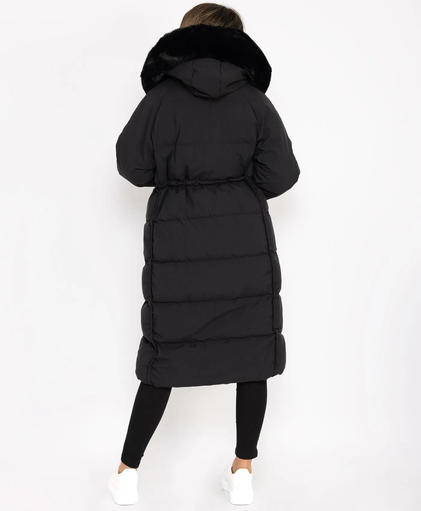 Black Longline Faux Fur Hooded Oversize Padded Coat Jacket