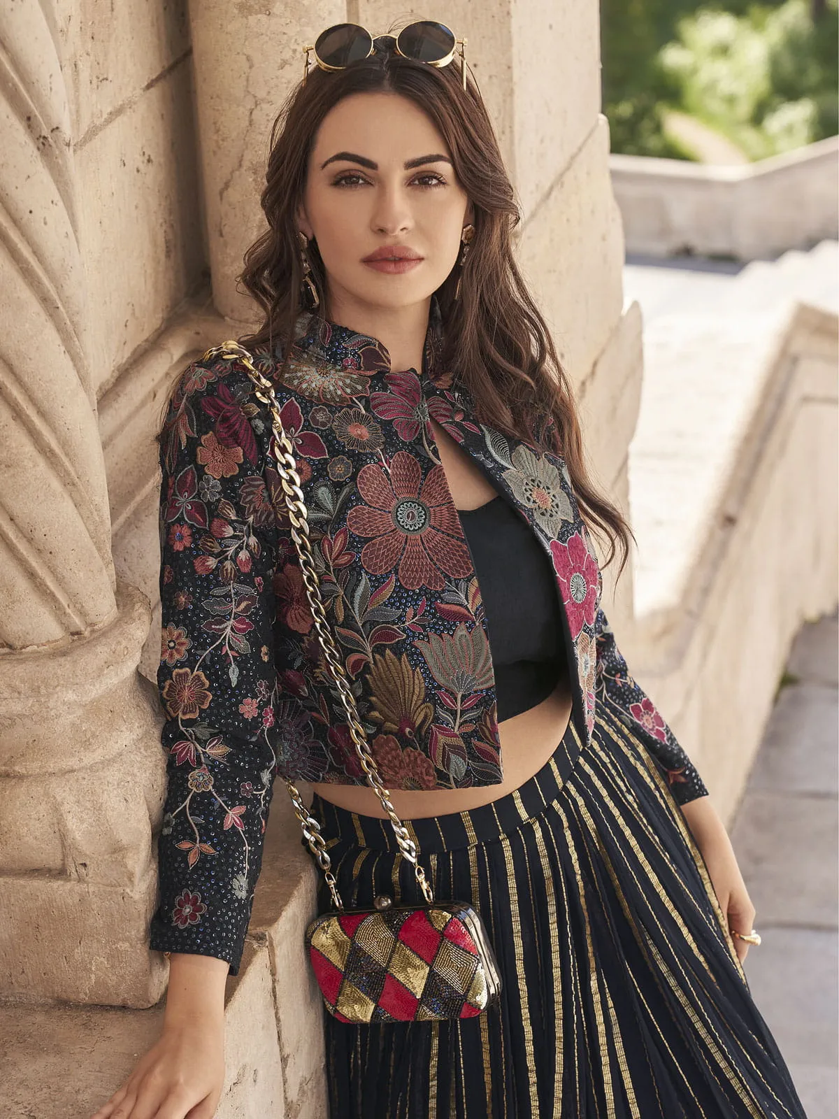 Black Multi Floral Embroidered Jacket Style Lehenga