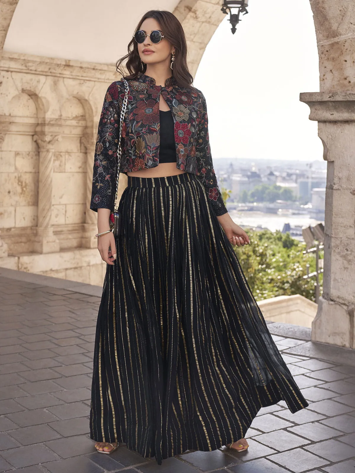 Black Multi Floral Embroidered Jacket Style Lehenga