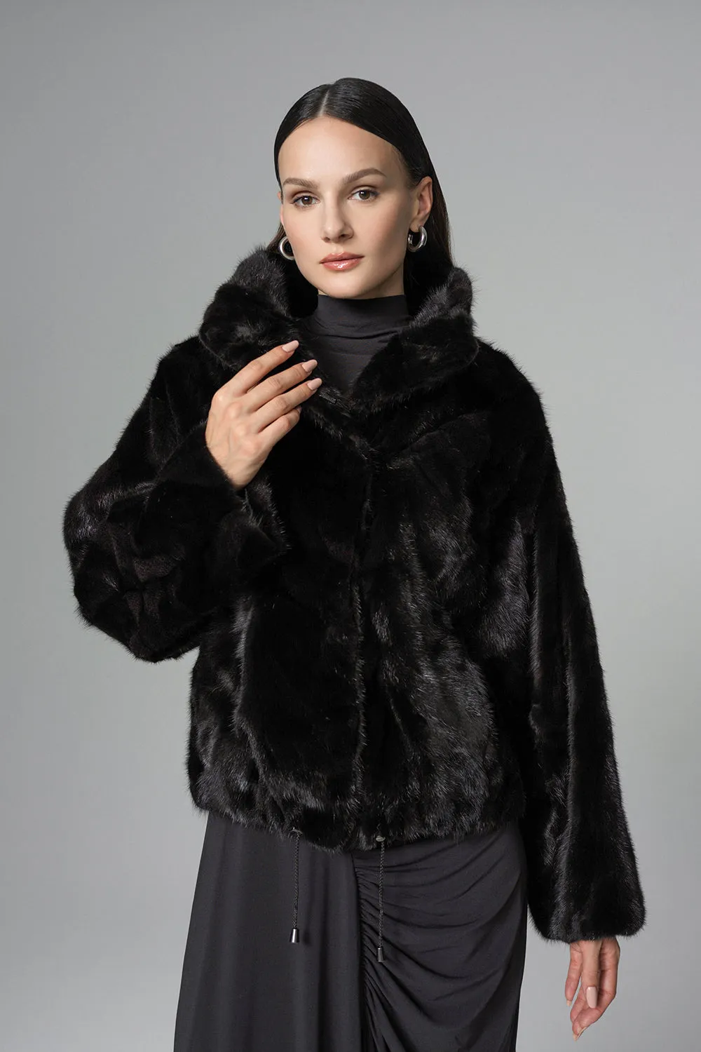 Black Natural Mink Fur Jacket with Nutria Fur Trims