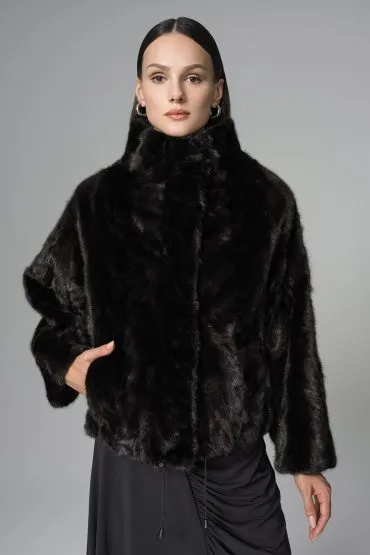 Black Natural Mink Fur Jacket with Nutria Fur Trims