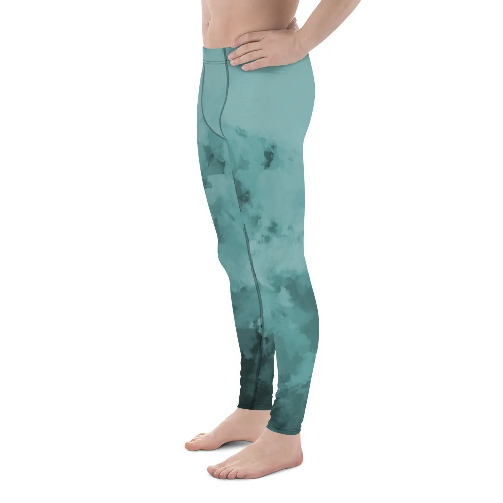 Blue Abstract Best Men's Leggings, Blue Clouds Designer Meggings Compression Tights-Made in USA/EU