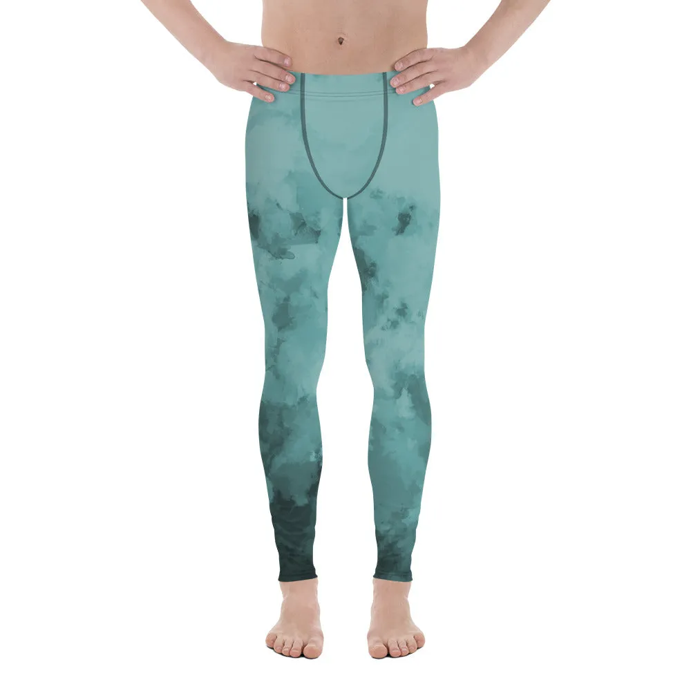 Blue Abstract Best Men's Leggings, Blue Clouds Designer Meggings Compression Tights-Made in USA/EU