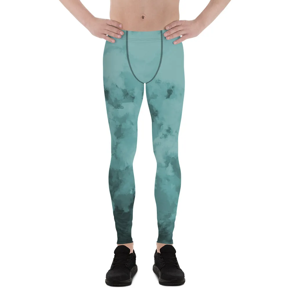 Blue Abstract Best Men's Leggings, Blue Clouds Designer Meggings Compression Tights-Made in USA/EU