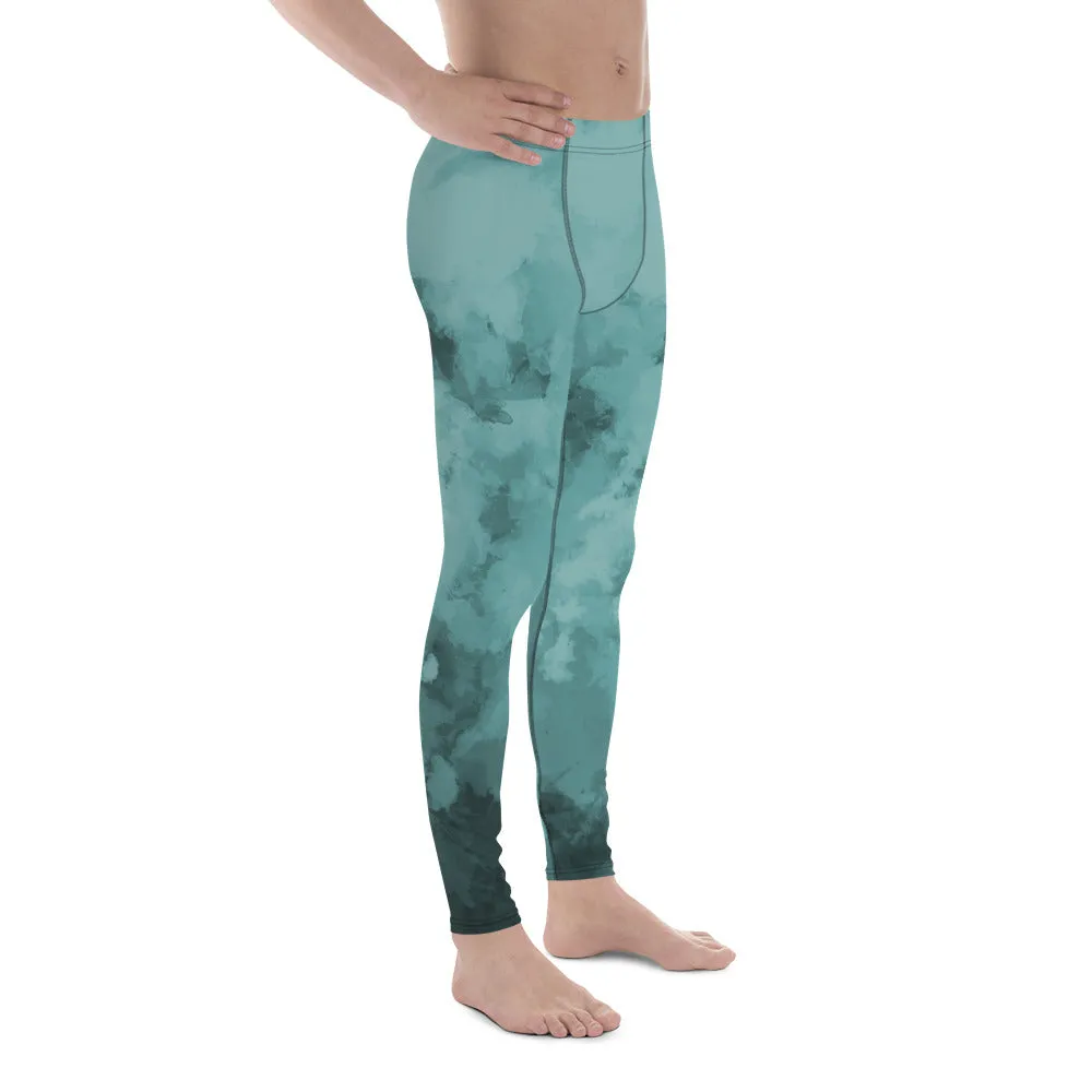 Blue Abstract Best Men's Leggings, Blue Clouds Designer Meggings Compression Tights-Made in USA/EU