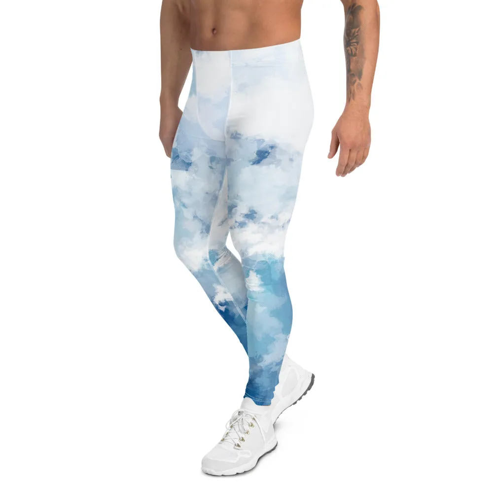 Blue Abstract Men's Leggings, Blue Clouds Designer Meggings Compression Tights-Made in USA/EU