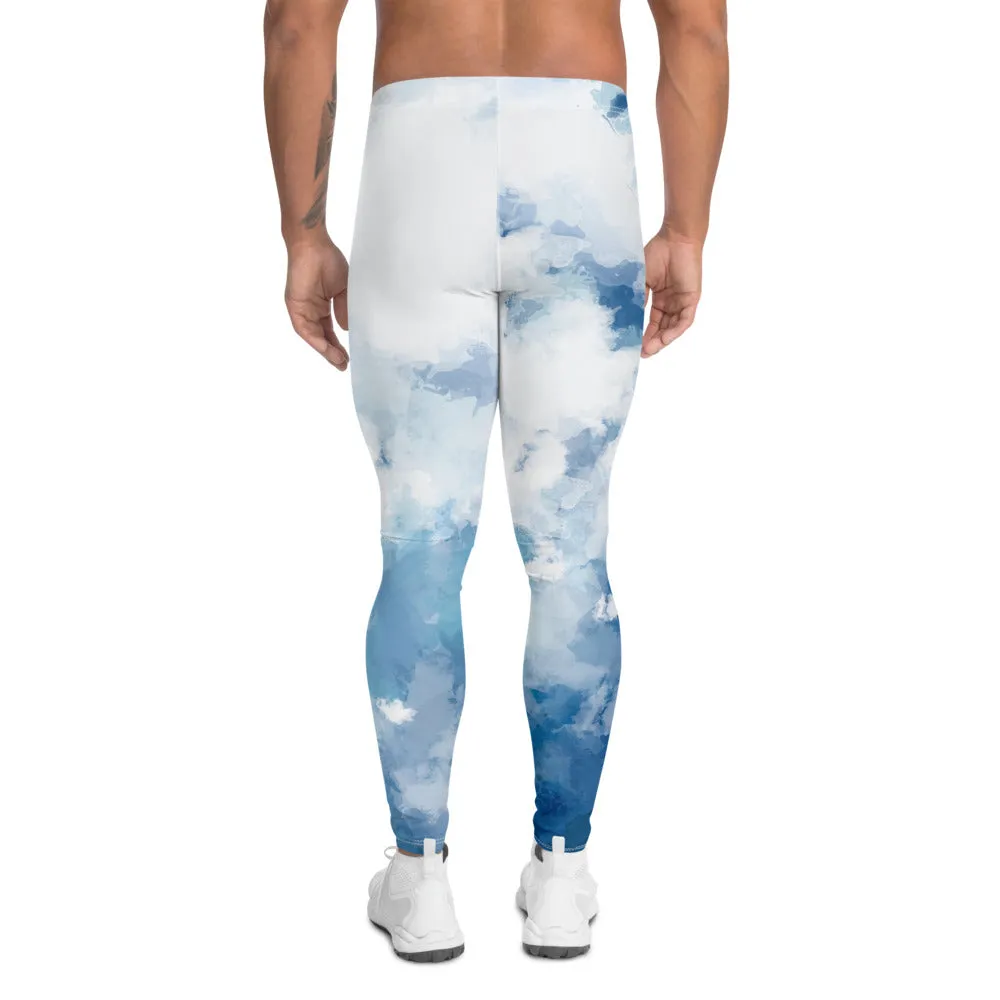 Blue Abstract Men's Leggings, Blue Clouds Designer Meggings Compression Tights-Made in USA/EU