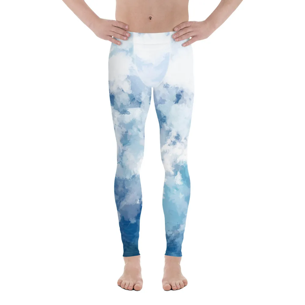 Blue Abstract Men's Leggings, Blue Clouds Designer Meggings Compression Tights-Made in USA/EU