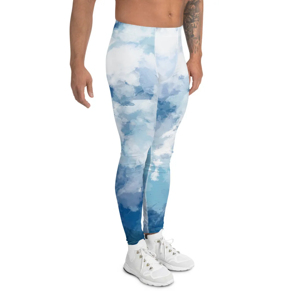 Blue Abstract Men's Leggings, Blue Clouds Designer Meggings Compression Tights-Made in USA/EU